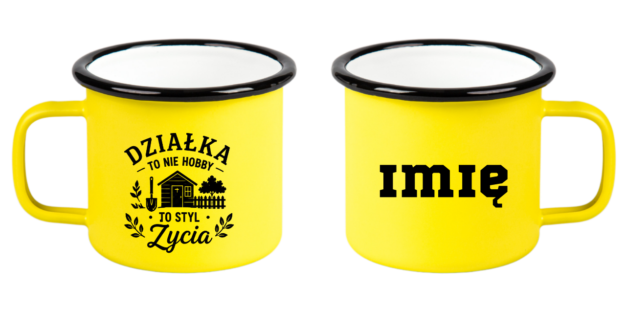 Kubek emaliowany żółty z nadrukiem „Działka to nie hobby, to styl życia” – działka, ogród #8