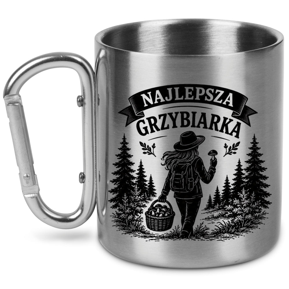 Kubek metalowy z karabińczykiem i nadrukiem „Najlepsza Grzybiarka” – na grzyby #3