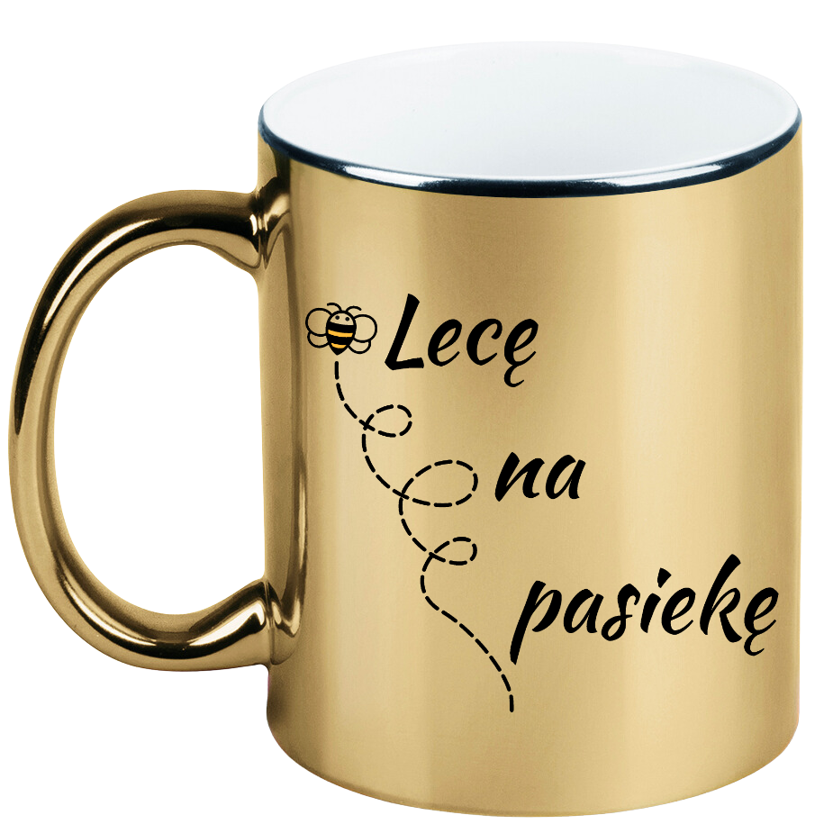 Kubek złoty z nadrukiem „Lecę na pasiekę” – pszczelarstwo #8