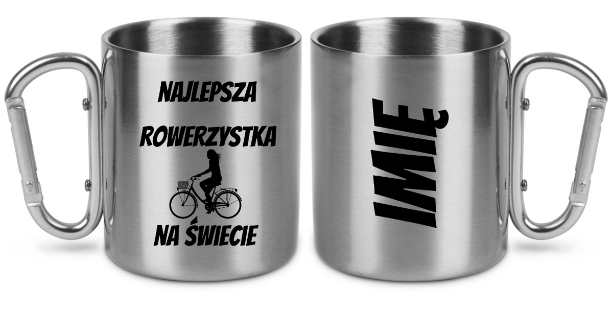 Kubek ze srebrnym karabińczykiem z nadrukiem "Najlepsza rowerzystka na świecie" – dla rowerzystki #8