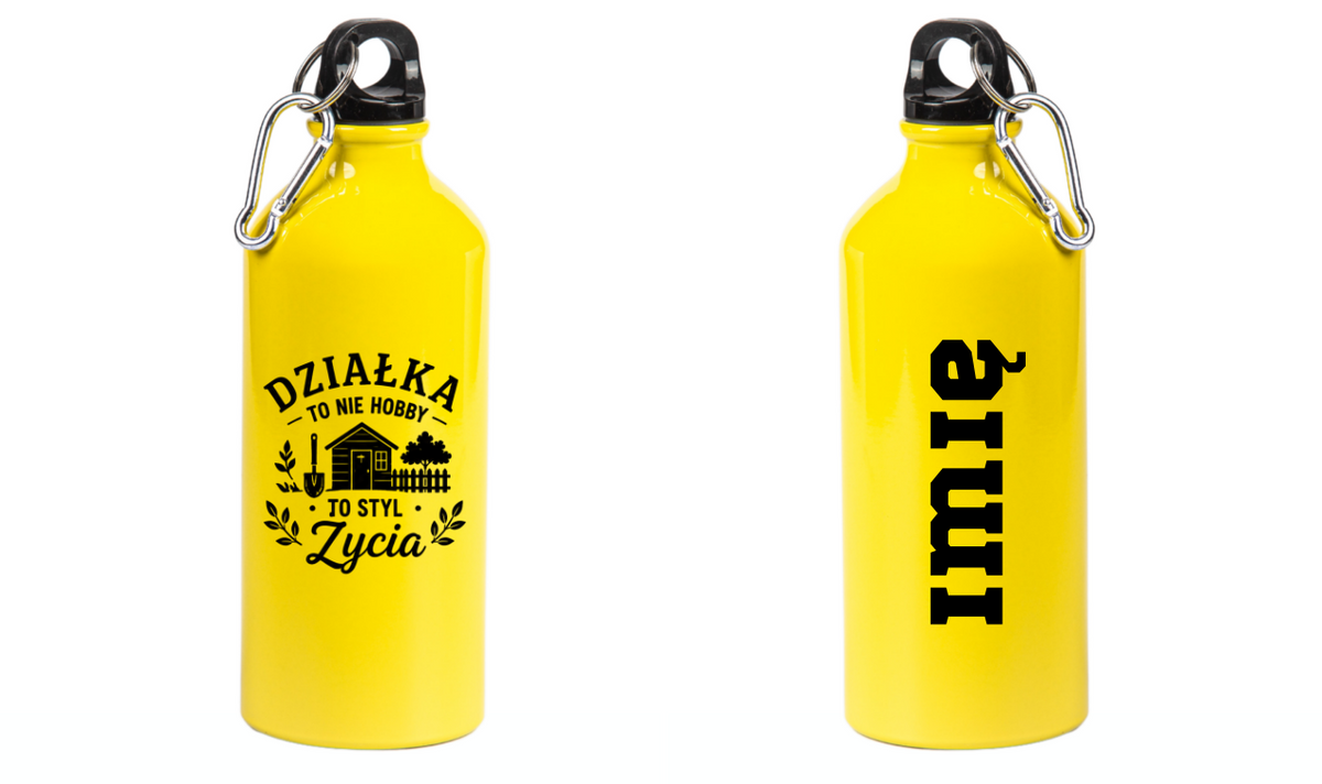 Butelka żółta 600 ml z nadrukiem „Działka to nie hobby, to styl życia” – na działkę #4