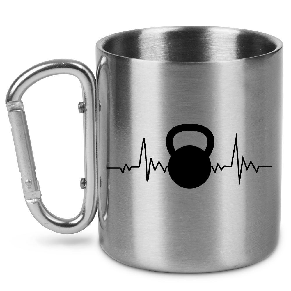 Kubek metalowy srebrny z karabińczykiem i nadrukiem kettlebell oraz linią życia – na siłownię #4