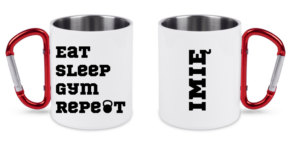 Kubek biały z czerwonym karabińczykiem i nadrukiem "Eat Sleep Gym Repeat" – na siłownię #6