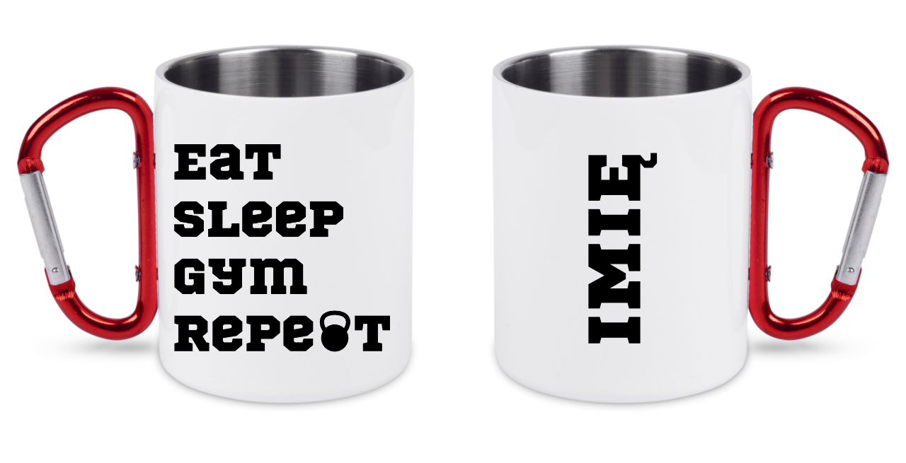 Kubek biały z czerwonym karabińczykiem i nadrukiem "Eat Sleep Gym Repeat" – na siłownię #6
