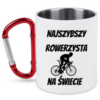 Kubek biały z czerwonym karabińczykiem i nadrukiem „Najszybszy rowerzysta na świecie” – dla rowerzysty #12