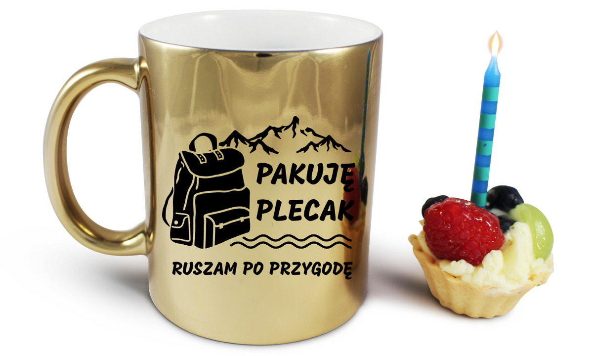 Kubek złoty z nadrukiem „Pakuję plecak, ruszam po przygodę” – trekking, przygoda #3