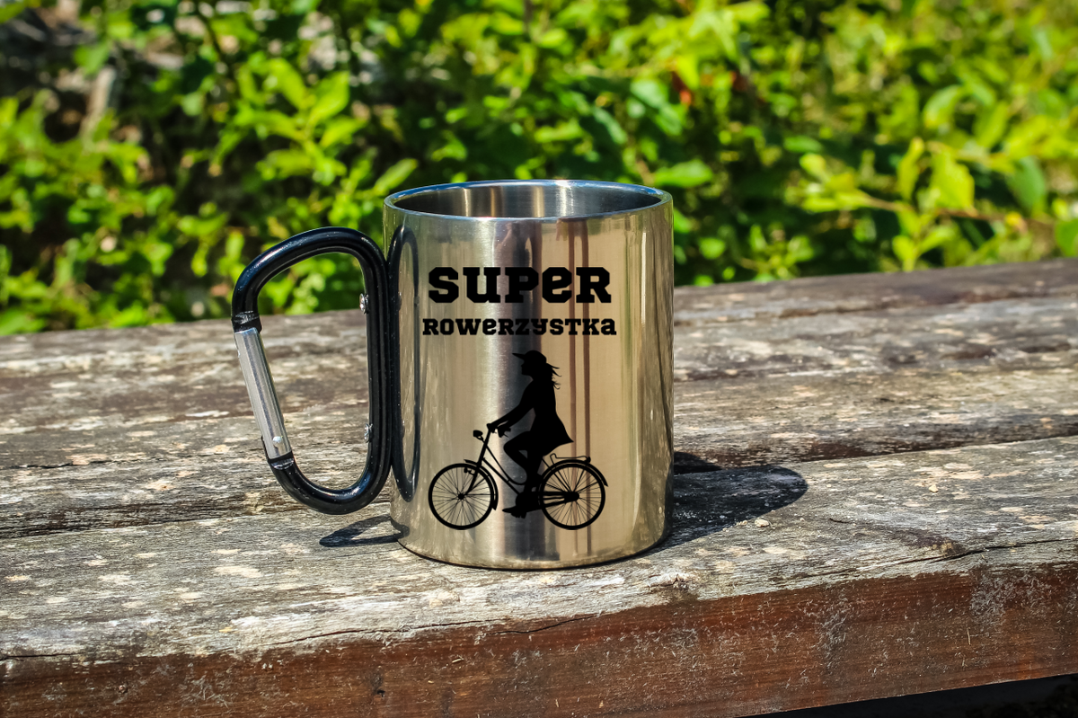 Kubek z czarnym karabińczykiem, nadrukiem „Super Rowerzystka” – dla rowerzystki #6