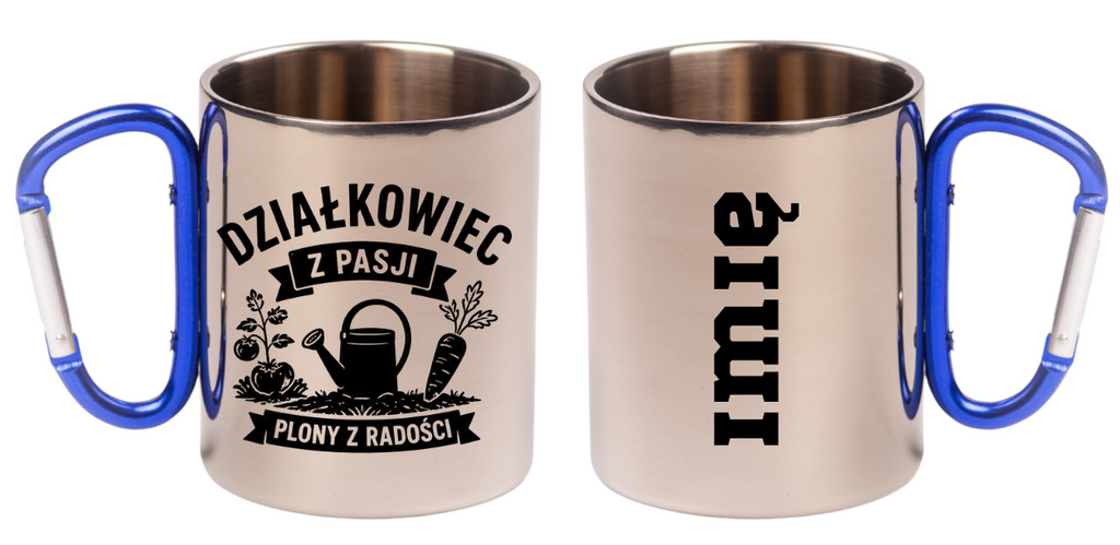 Kubek niebieski z karabińczykiem „Działkowiec z pasji, plony z radości” – na działkę #1