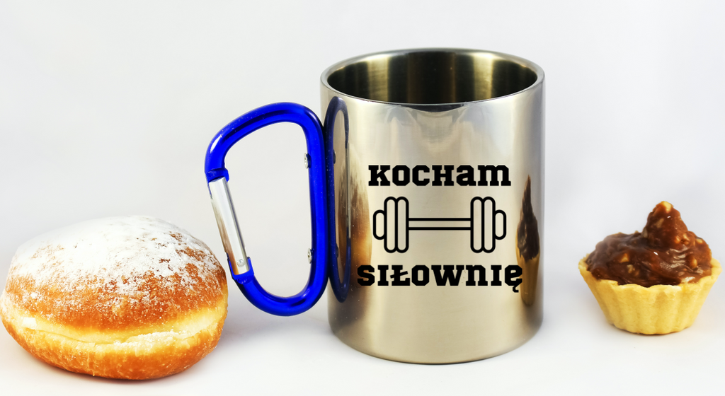 Kubek z niebieskim karabińczykiem i nadrukiem "Kocham Siłownię" #1