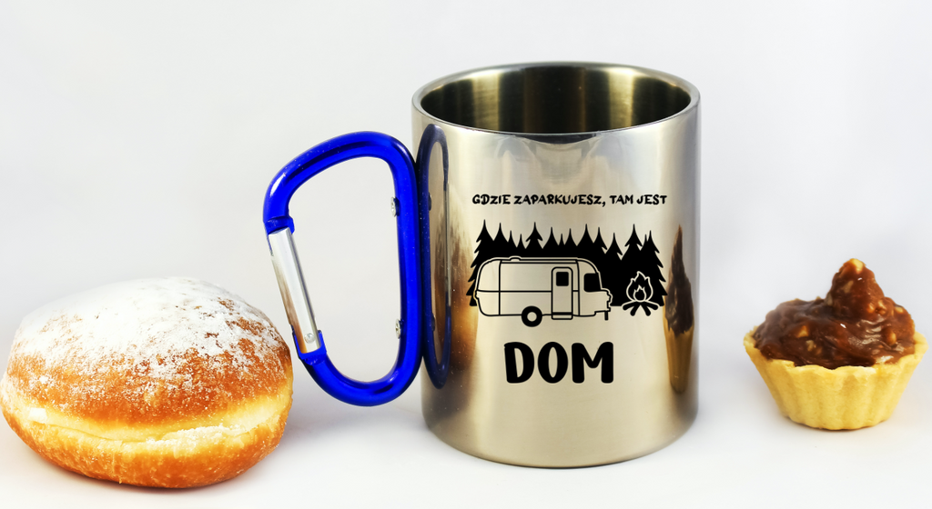 Kubek z niebieskim karabińczykiem i nadrukiem "Gdzie zaparkujesz, tam jest dom" – camping, camper #5