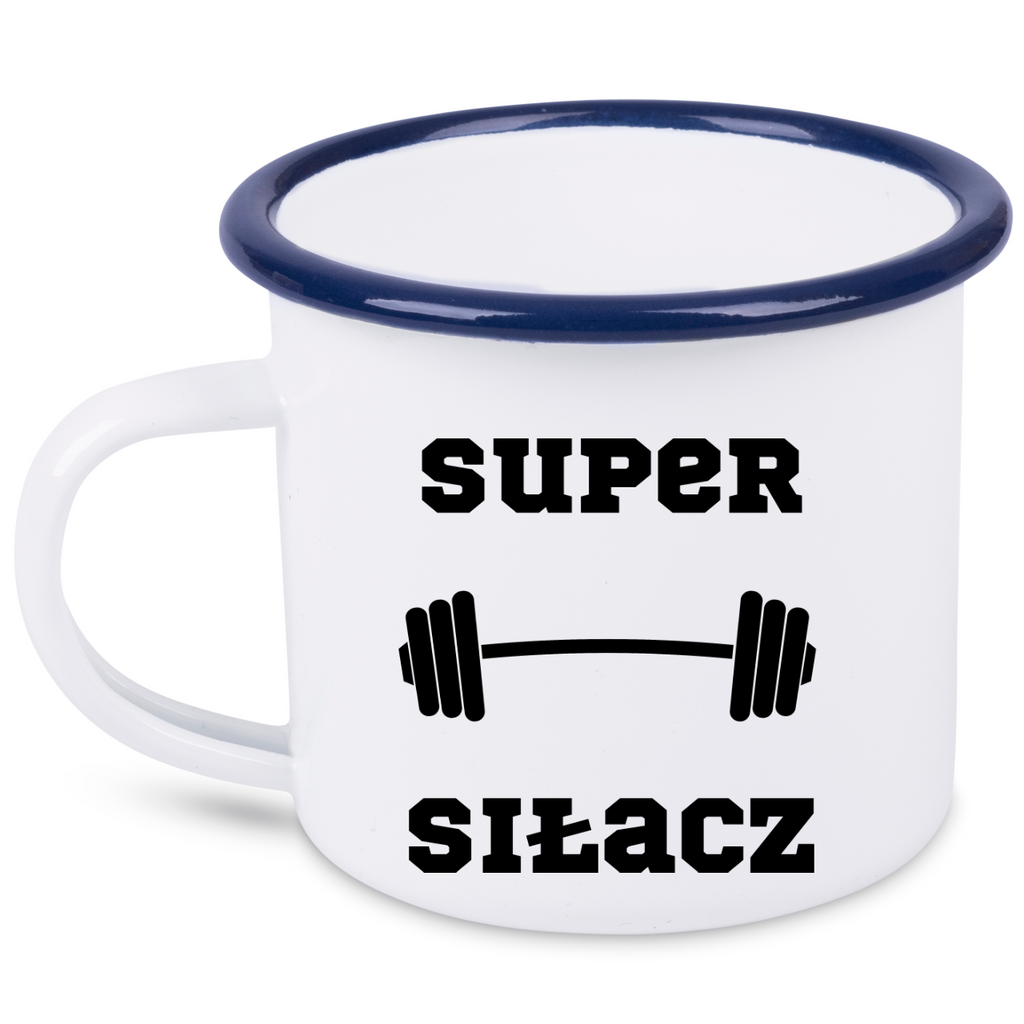 Kubek emaliowany biały z nadrukiem „Super Siłacz” – siłownia #3