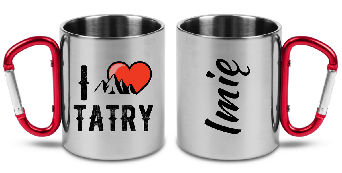Kubek srebrny 300 ml z czerwonym karabińczykiem i nadrukiem „I love Tatry” - góry #10