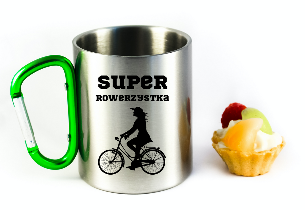 Kubek z zielonym karabińczykiem nadruk "Super Rowerzystka" – rower #7