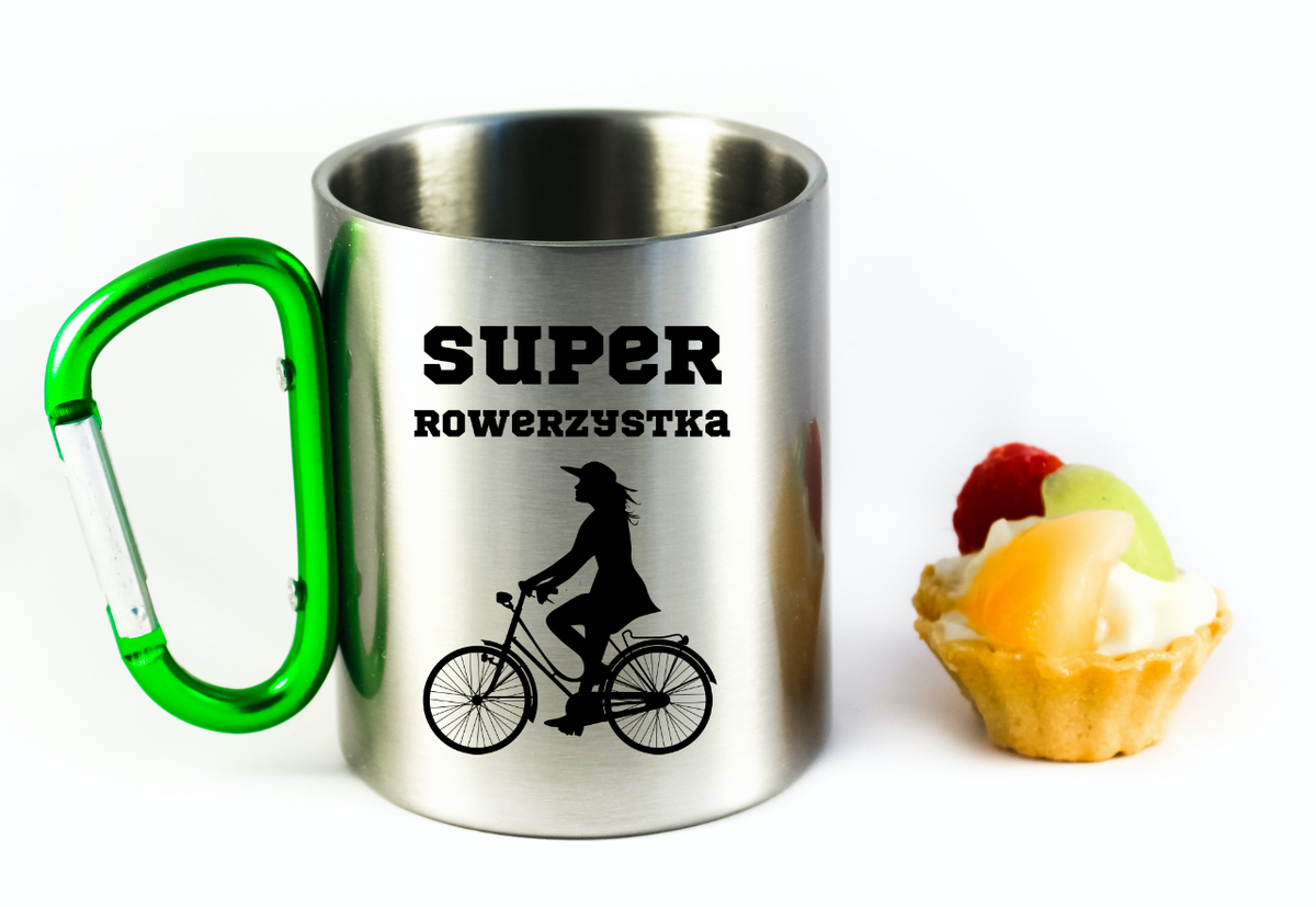 Kubek z zielonym karabińczykiem nadruk "Super Rowerzystka" – rower #7