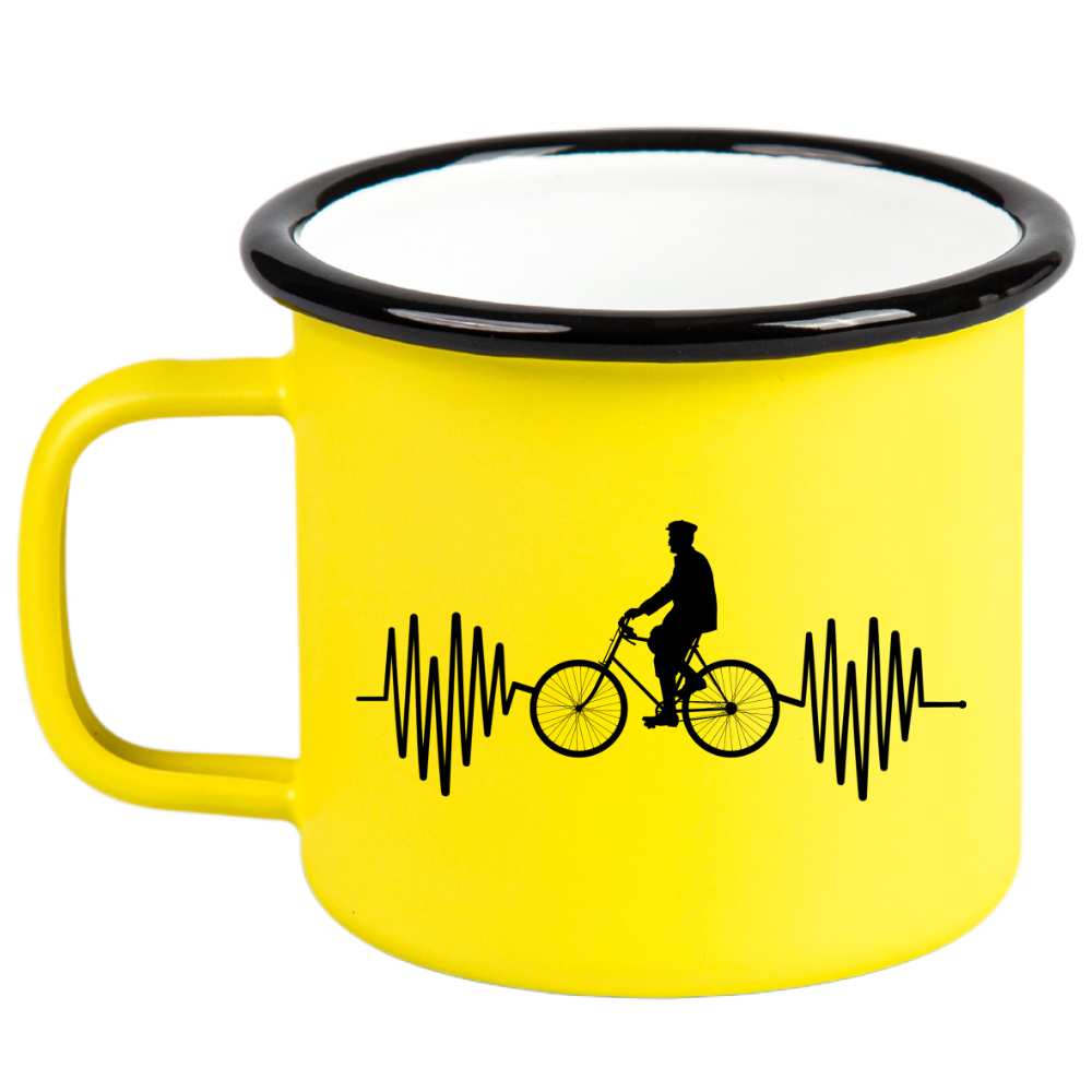 Kubek emaliowany żółty z grafiką rowerowe EKG, linia życia - dla rowerzysty #1