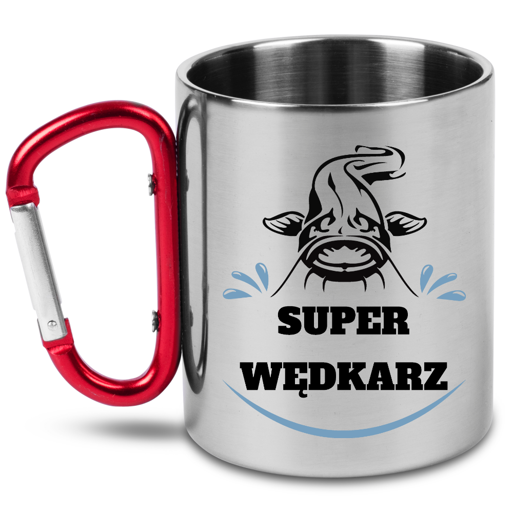 Kubek z czerwonym karabińczykiem i nadrukiem „Super wędkarz” – wędkarstwo #9