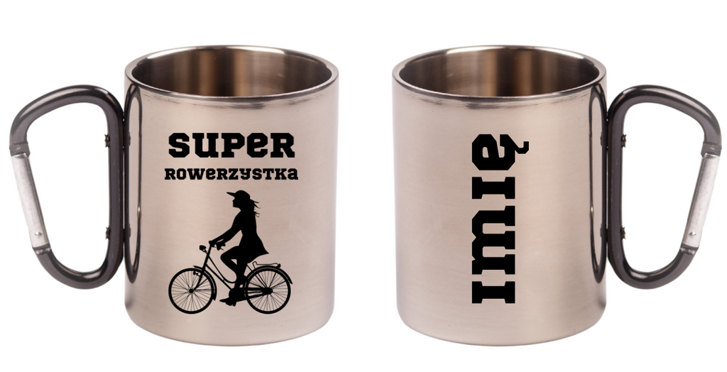 Kubek z czarnym karabińczykiem, nadrukiem „Super Rowerzystka” – dla rowerzystki #6