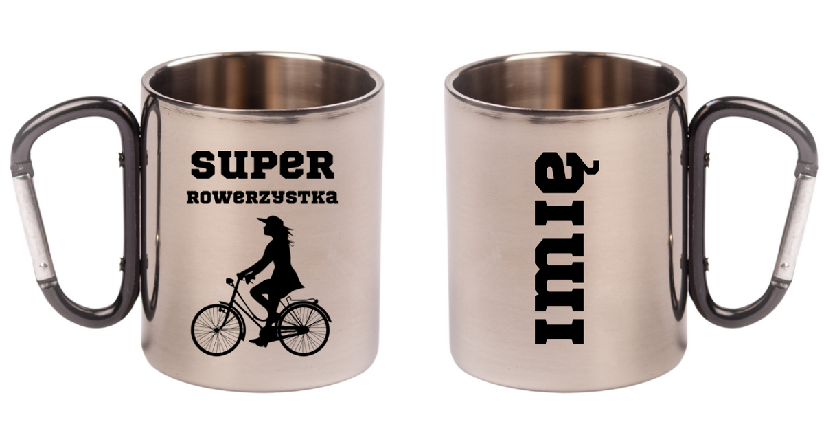 Kubek z czarnym karabińczykiem, nadrukiem „Super Rowerzystka” – dla rowerzystki #6