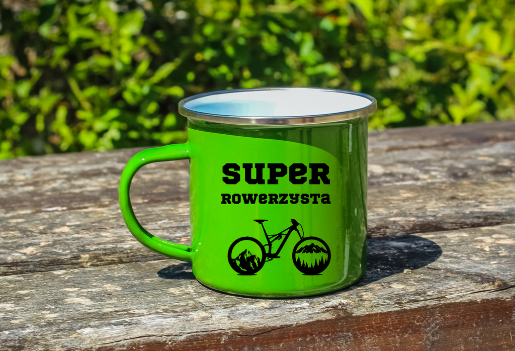 Kubek emaliowany zielony z nadrukiem "Super Rowerzysta" - dla rowerzysty #7