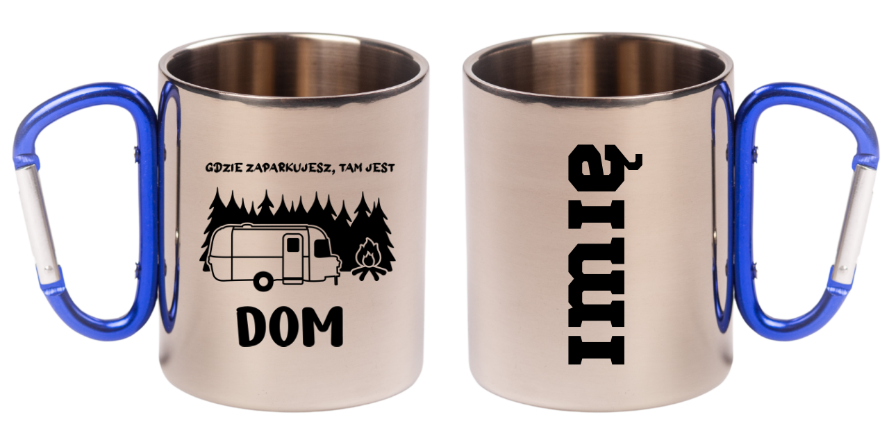 Kubek z niebieskim karabińczykiem i nadrukiem "Gdzie zaparkujesz, tam jest dom" – camping, camper #5