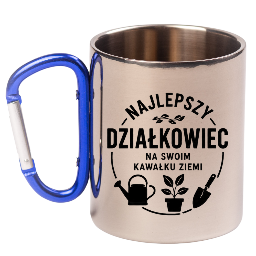 Kubek niebieski karabińczyk "Najlepszy działkowiec na swoim kawałku ziemi" - na działkę #5