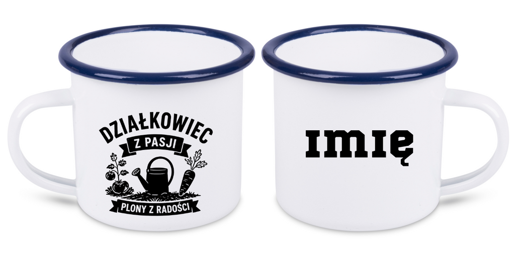 Kubek emaliowany biały z nadrukiem „Działkowiec z pasji, plony z radości” – ogród, działka #5