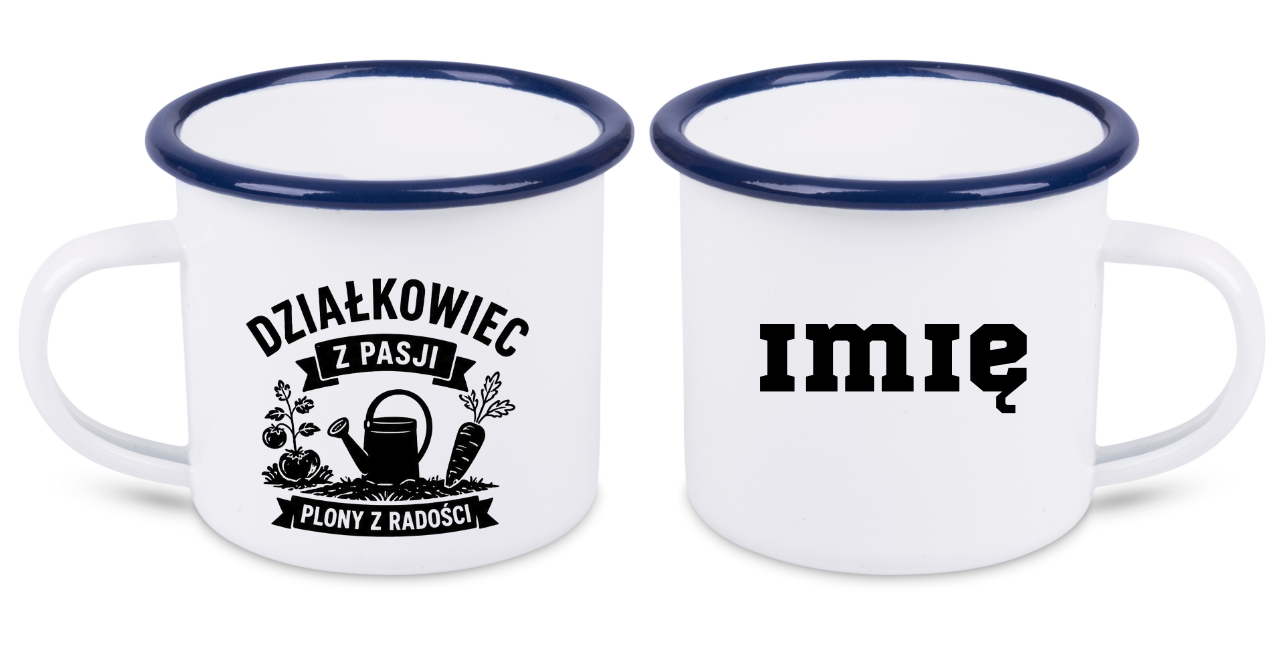 Kubek emaliowany biały z nadrukiem „Działkowiec z pasji, plony z radości” – ogród, działka #5