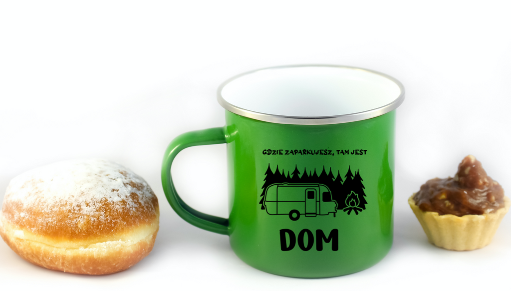 Kubek emaliowany zielony z nadrukiem "Gdzie zaparkujesz, tam jest dom" – camping #5