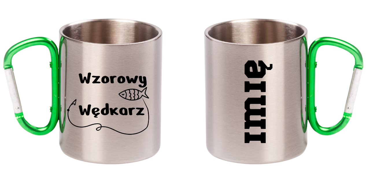 Kubek metalowy 300 ml z zielonym karabińczykiem i nadrukiem „Wzorowy Wędkarz” – wędkarstwo #1