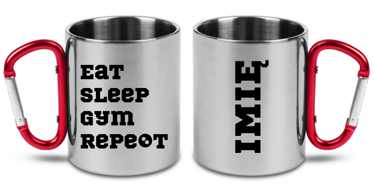 Kubek z czerwonym karabińczykiem i nadrukiem "Eat Sleep Gym Repeat" – na siłownię #7