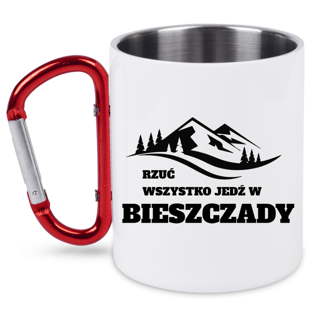 Kubek biały z czerwonym karabińczykiem, nadruk „Rzuć wszystko, jedź w Bieszczady” #5