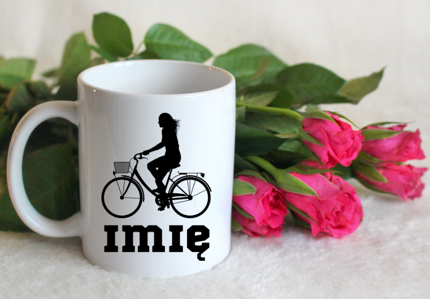 Kubek biały z grafiką roweru i imieniem do wyboru – dla rowerzystki #5