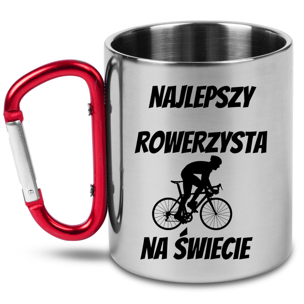 Kubek z czerwonym karabińczykiem i nadrukiem „Najlepszy rowerzysta na świecie” – dla rowerzysty #11
