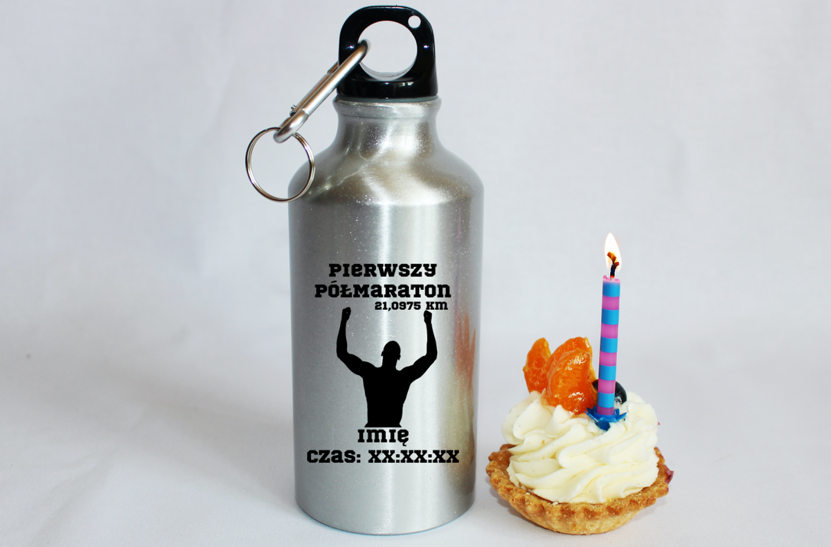 Butelka srebrna 400 ml z pamiątka po półmaratonie + imię i czas – bieganie #9