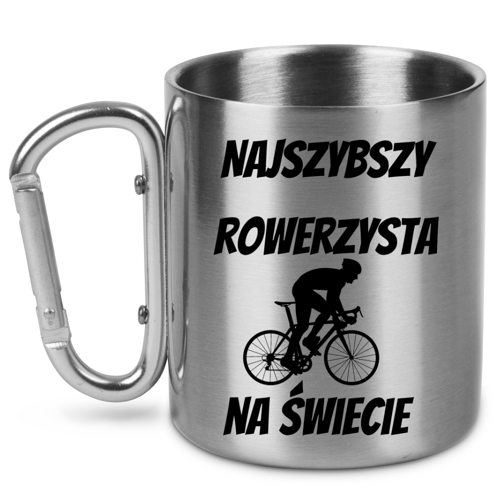 Kubek ze srebrnym karabińczykiem z nadrukiem „Najszybszy rowerzysta na świecie” – dla rowerzysty #12
