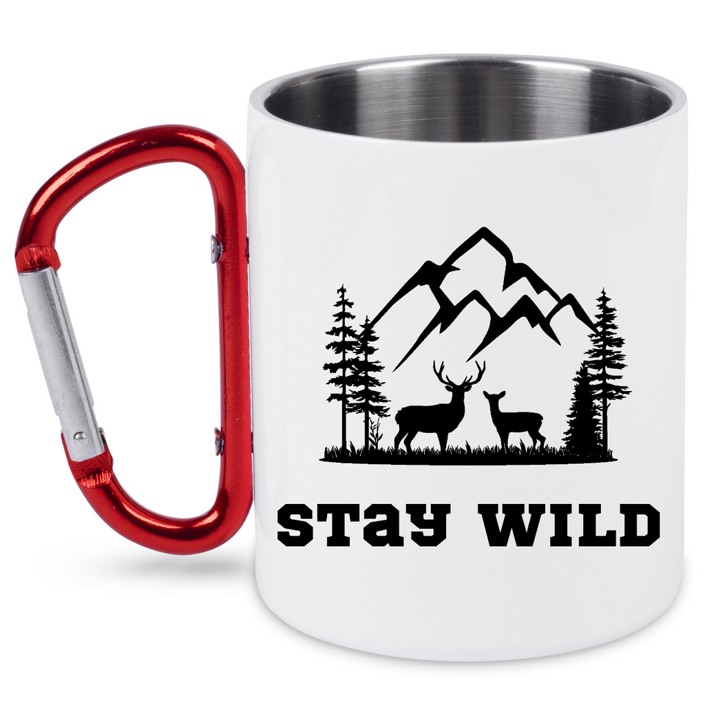 Kubek biały z czerwonym karabińczykiem z nadrukiem „Stay Wild” – trekking, przyroda #8