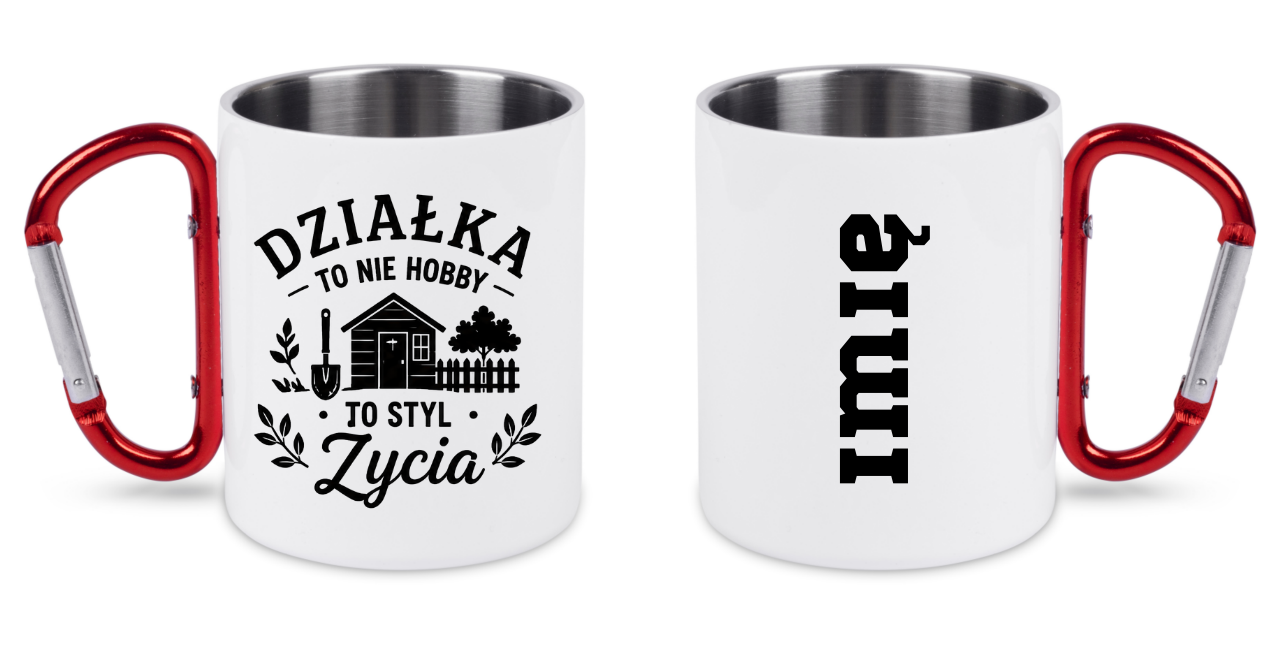 Kubek biały z czerwonym karabińczykiem „Działka to nie hobby, to styl życia” – działka, ogród #8