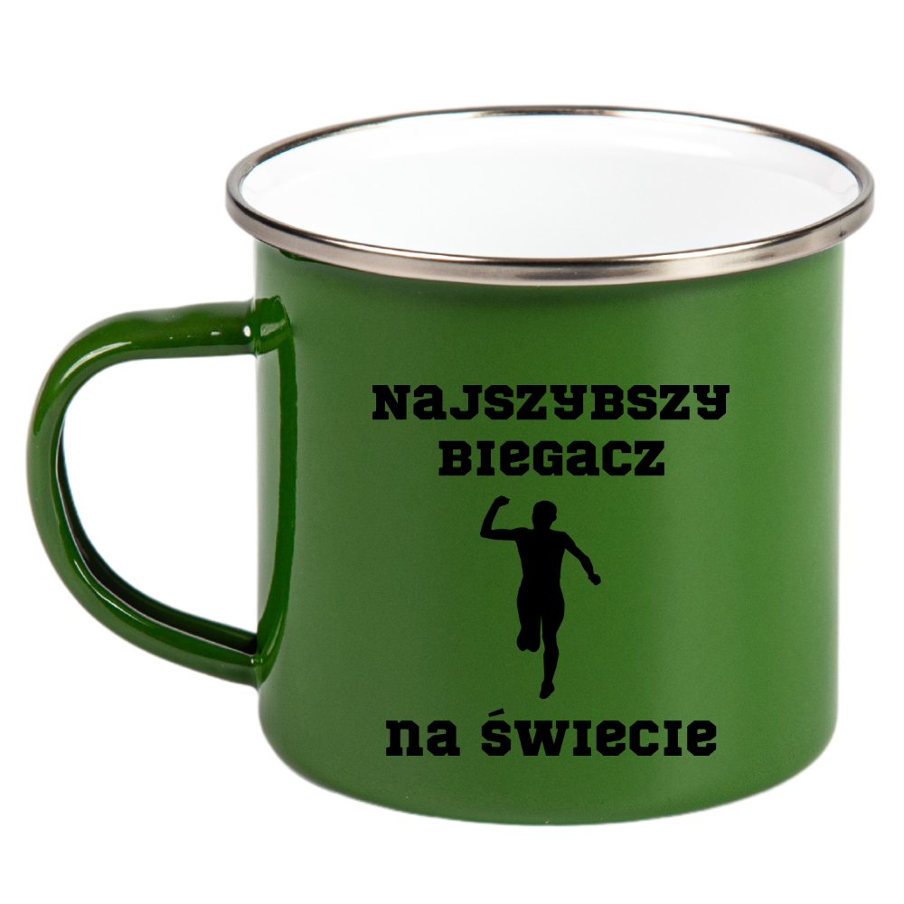 Kubek emaliowany zielony z nadrukiem "Najszybszy Biegacz na Świecie" – bieganie #4