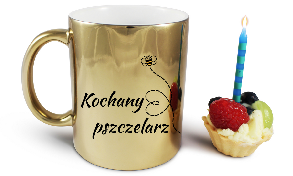 Kubek złoty z nadrukiem „Kochany pszczelarz” – pszczelarstwo #6