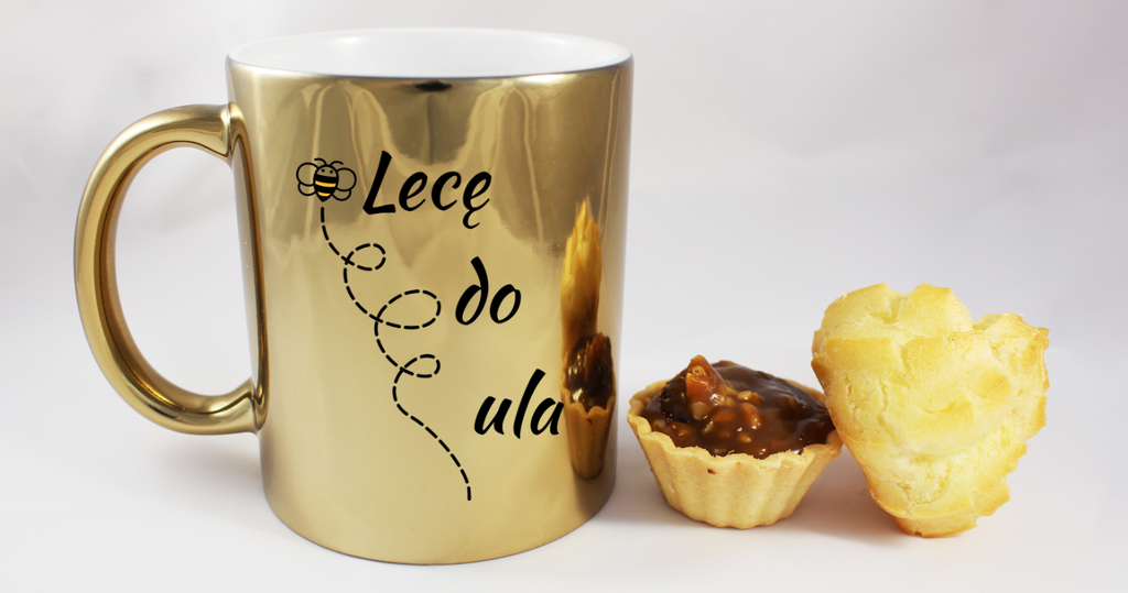 Kubek złoty z nadrukiem „Lecę do ula” – pszczelarstwo #7