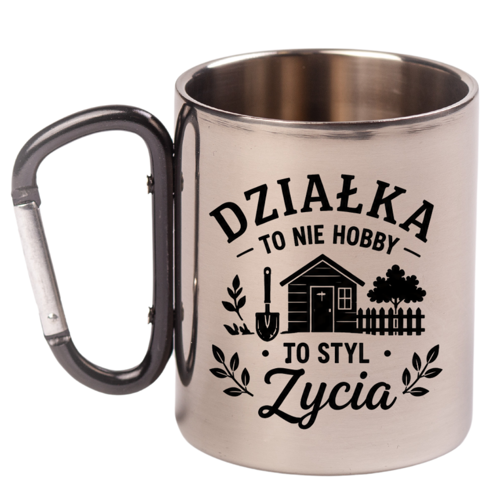 Kubek z czarnym karabińczykiem z nadrukiem „Działka to nie hobby, to styl życia” – działka, ogród #4
