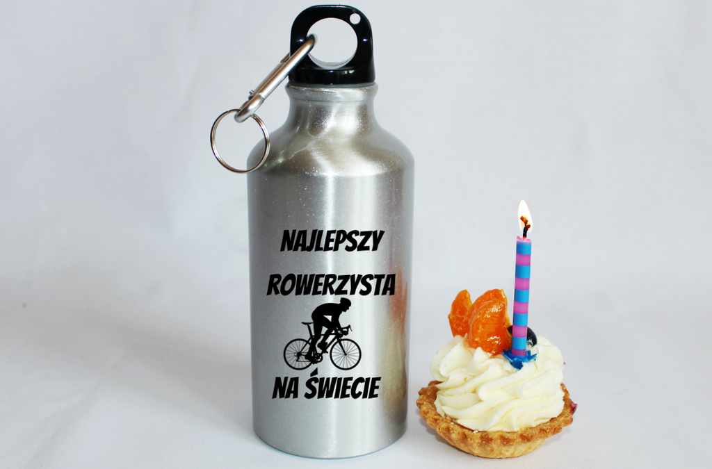 Butelka srebrna 400 ml z nadrukiem „Najlepszy rowerzysta na świecie” – dla rowerzysty #7
