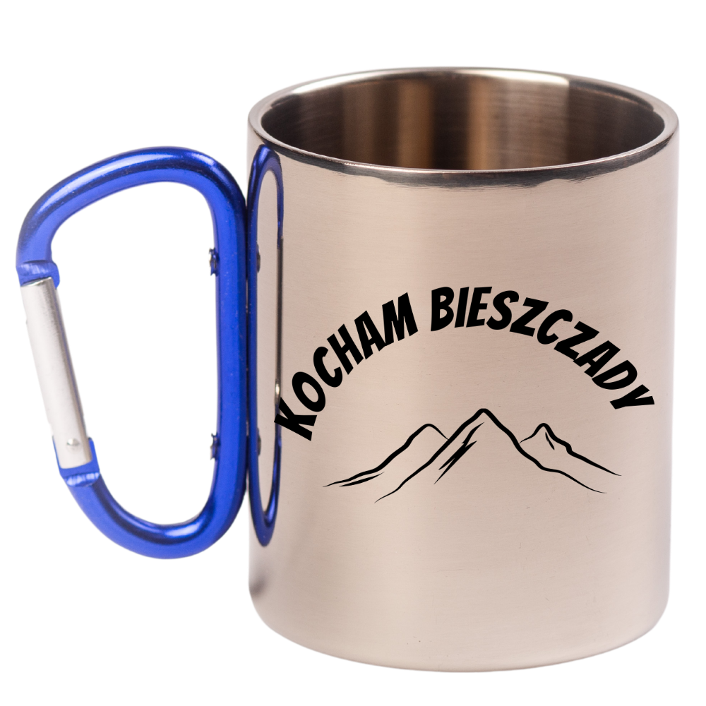 Kubek z niebieskim karabińczykiem i nadrukiem „Kocham Bieszczady” – góry #2