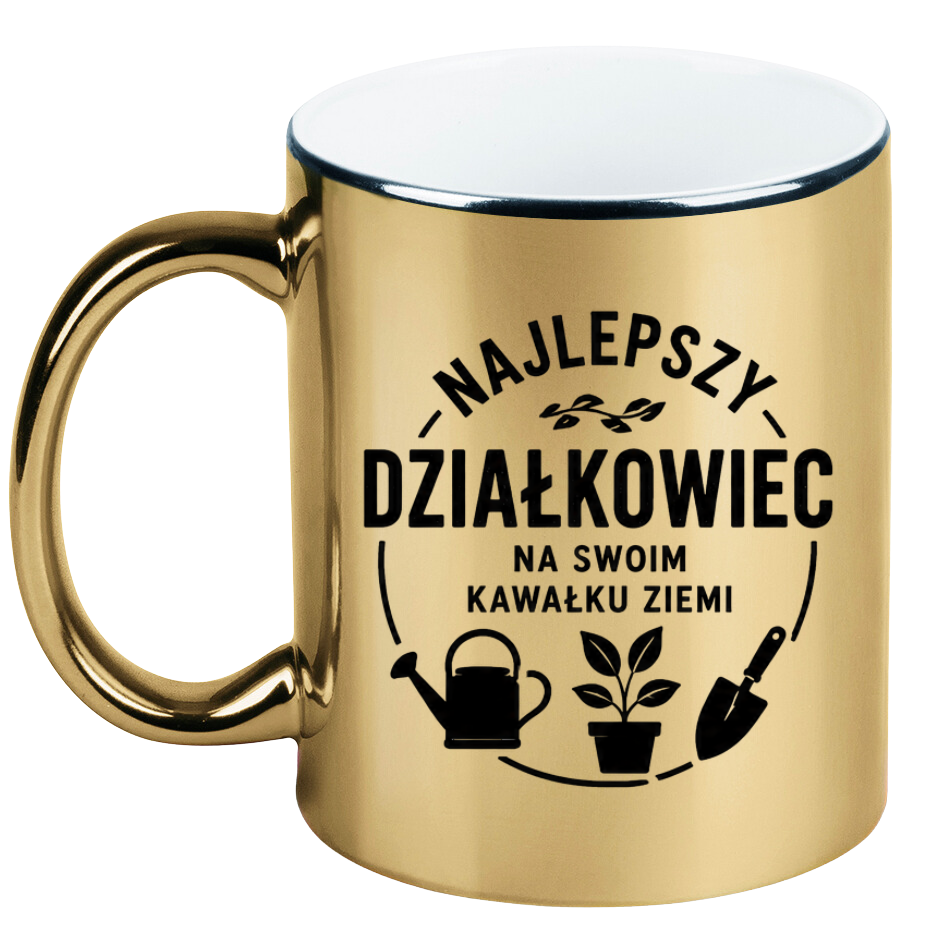 Kubek złoty z nadrukiem „Najlepszy działkowiec na swoim kawałku ziemi” – działka, ogród #5
