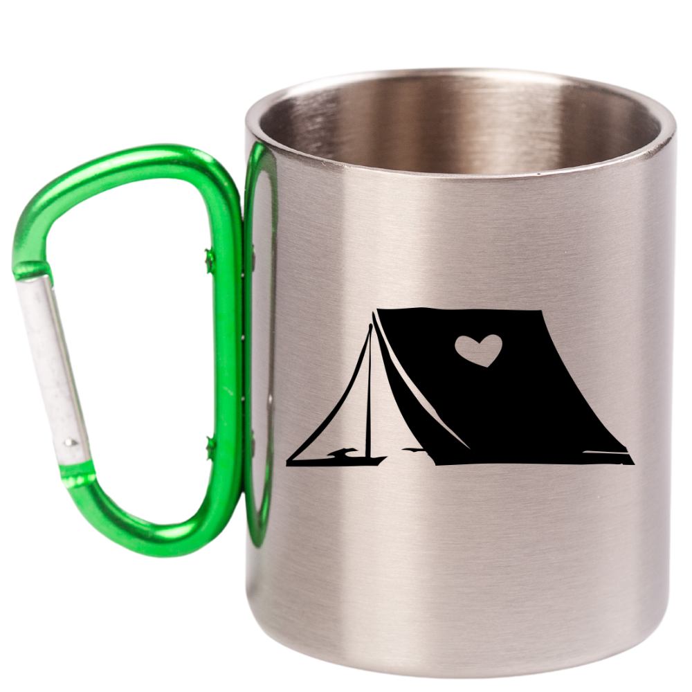 Kubek z zielonym karabińczykiem grafika namiotu i imię do wyboru - pod namiot, camping #4