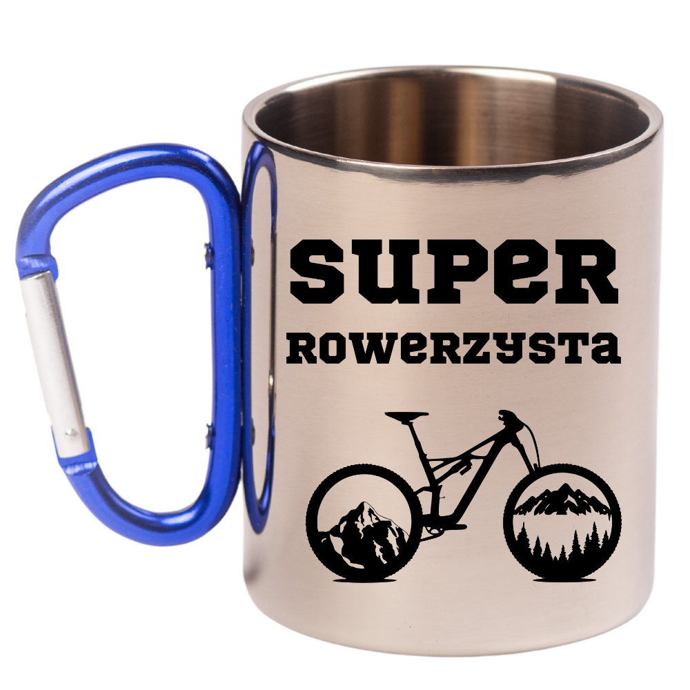 Kubek z niebieskim karabińczykiem, nadruk "Super Rowerzysta" – dla rowerzysty #8