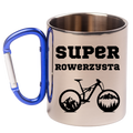 Kubek z niebieskim karabińczykiem, nadruk "Super Rowerzysta" – dla rowerzysty #8