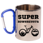 Kubek z niebieskim karabińczykiem, nadruk "Super Rowerzysta" – dla rowerzysty #8