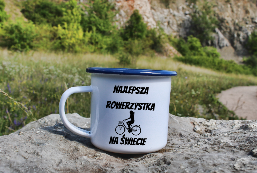 Kubek emaliowany biały z nadrukiem „Najlepsza rowerzystka na świecie” – dla rowerzystki #8