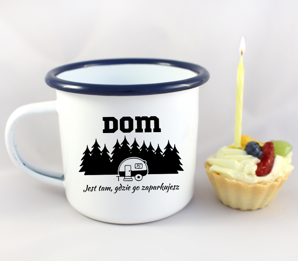 Kubek emaliowany biały z nadrukiem „Dom jest tam, gdzie go zaparkujesz” – podróż, camping, camper #4